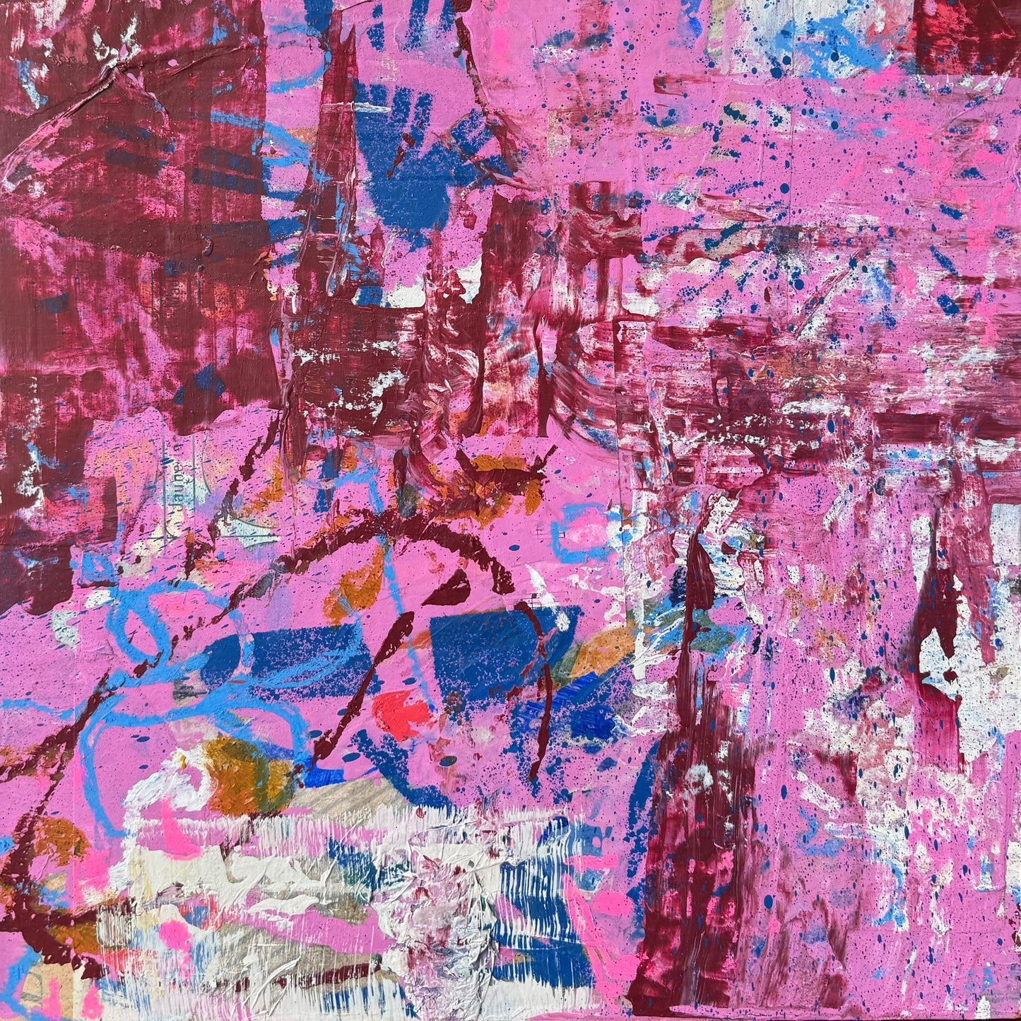 Pink, 14×14in, mixed media collage, 2024