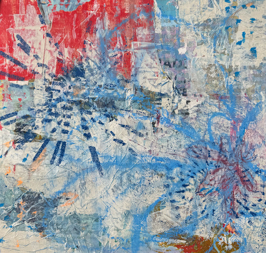 Sky Blue, 14×14in, mixed media collage, 2024